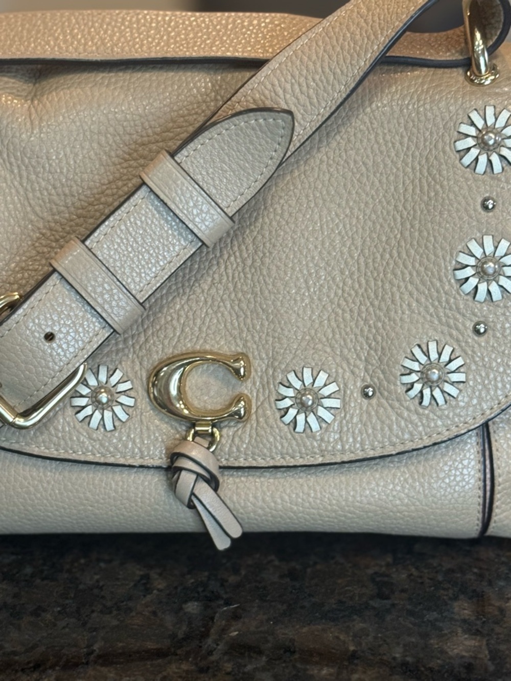 Coach Beige Pebbled Leather Crossbody with Floral Studs - Picture 3 of 15